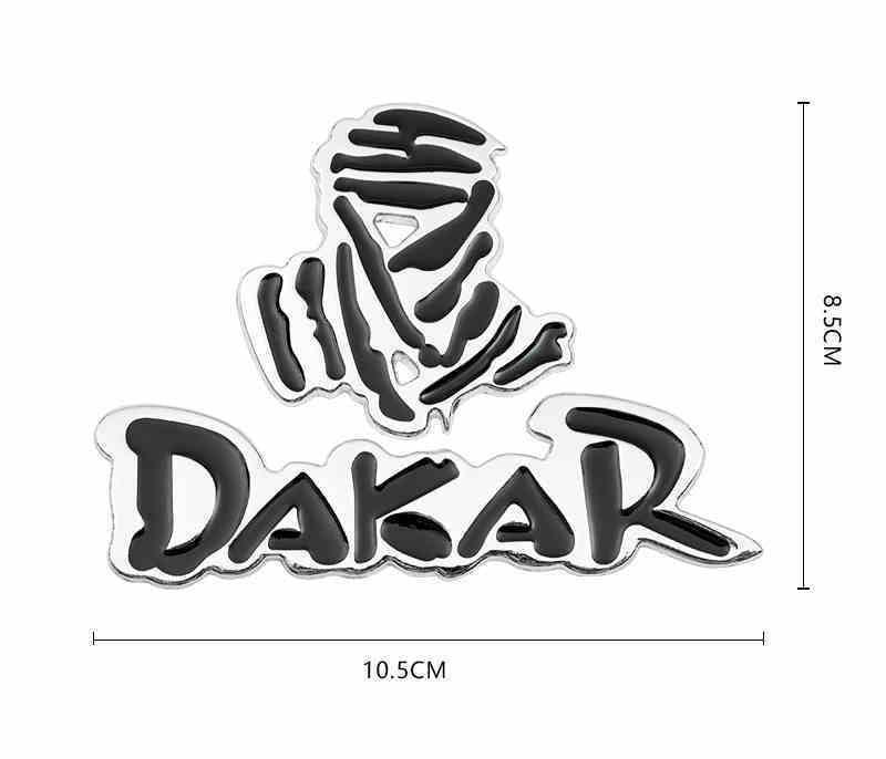 Dakar metal emblem with Bean's Moto Booth branding, featuring a sleek, metallic finish and detailed design for motorcycle decoration.