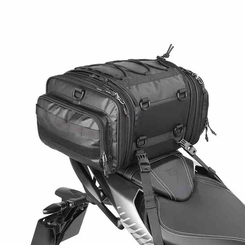 Rhinowalk™ motorcycle touring tail bag by Bean's Moto Booth mounted on a motorcycle, featuring durable design and spacious storage.