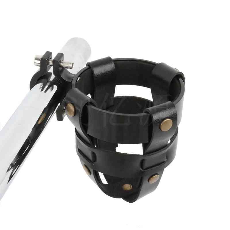 Handmade leather motorcycle water bottle holder with adjustable strap, designed for motorcycle accessories by Bean's Moto Booth.