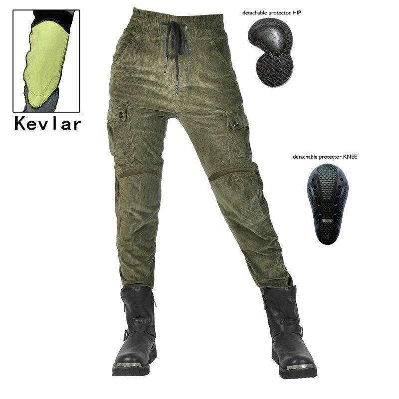 Women's LOONG BIKER™ Kevlar Corduroy Motorcycle Pants by Bean's Moto Booth, featuring durable corduroy fabric and protective Kevlar lining.