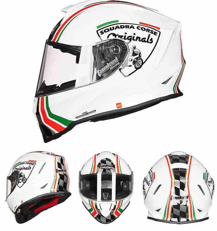 Children's motorcycle helmet by Bean's Moto Booth, TANKED RACING™ design, with colorful graphics and secure strap.