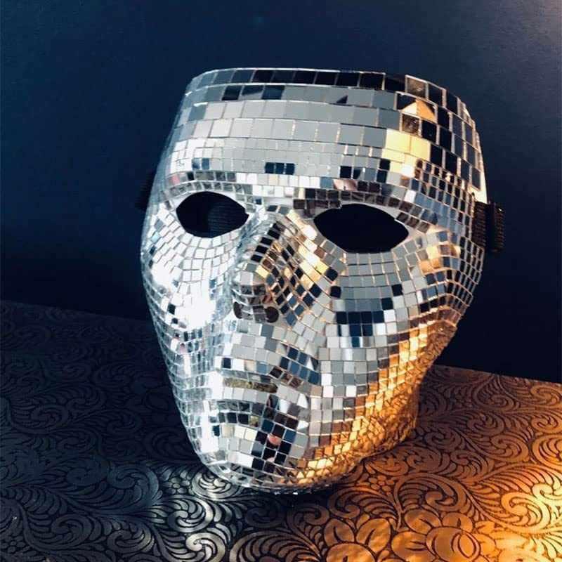 Decorative disco ball helmet by Bean's Moto Booth featuring a shiny, reflective disco ball design for stylish decor.