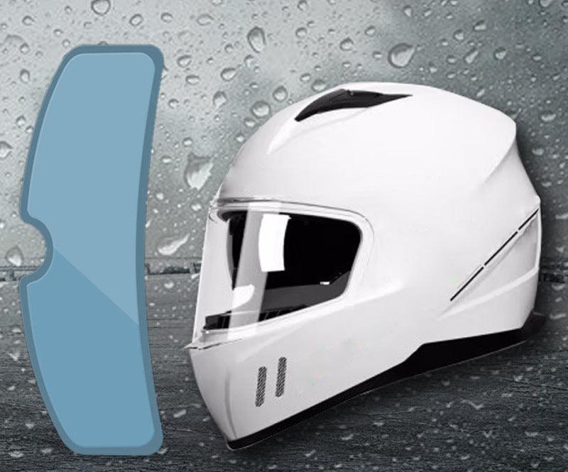 Bean's Moto Booth motorcycle helmet anti-rain, anti-fog, anti-glare film applied to helmet visor for clear visibility.
