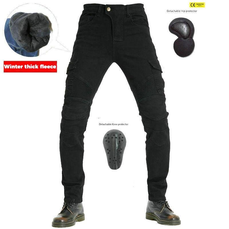 Bean's Moto Booth VOLERO™ Silent Thunder winter motorcycle riding pants in black with reinforced knee areas and adjustable waist straps.