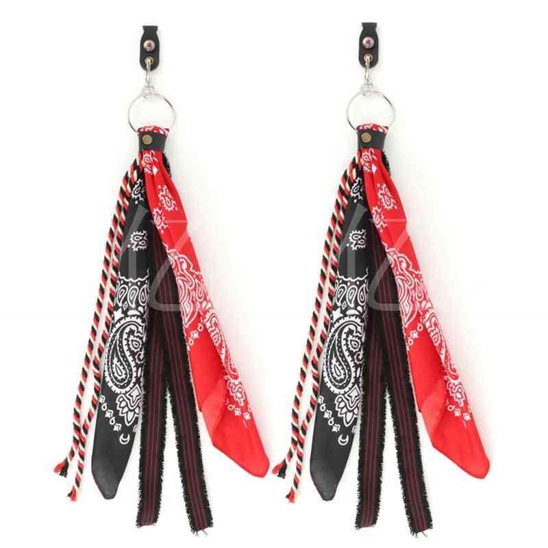 Motorcycle handlebar streamer pendant decor by Bean's Moto Booth, featuring a colorful, vintage-inspired motorcycle-themed design.