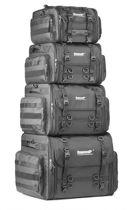 Rhinowalk™ motorcycle touring tail bag by Bean's Moto Booth, mounted on a motorcycle, with durable straps and spacious design.