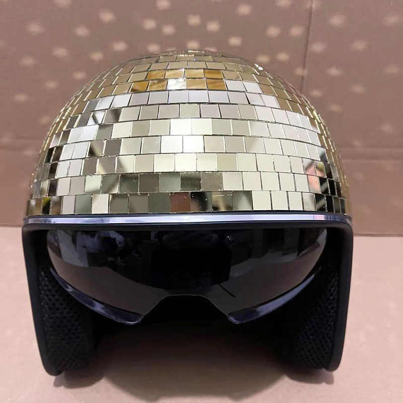 Decorative disco ball helmet by Bean's Moto Booth, featuring a shiny, reflective surface perfect for party or retro decor.