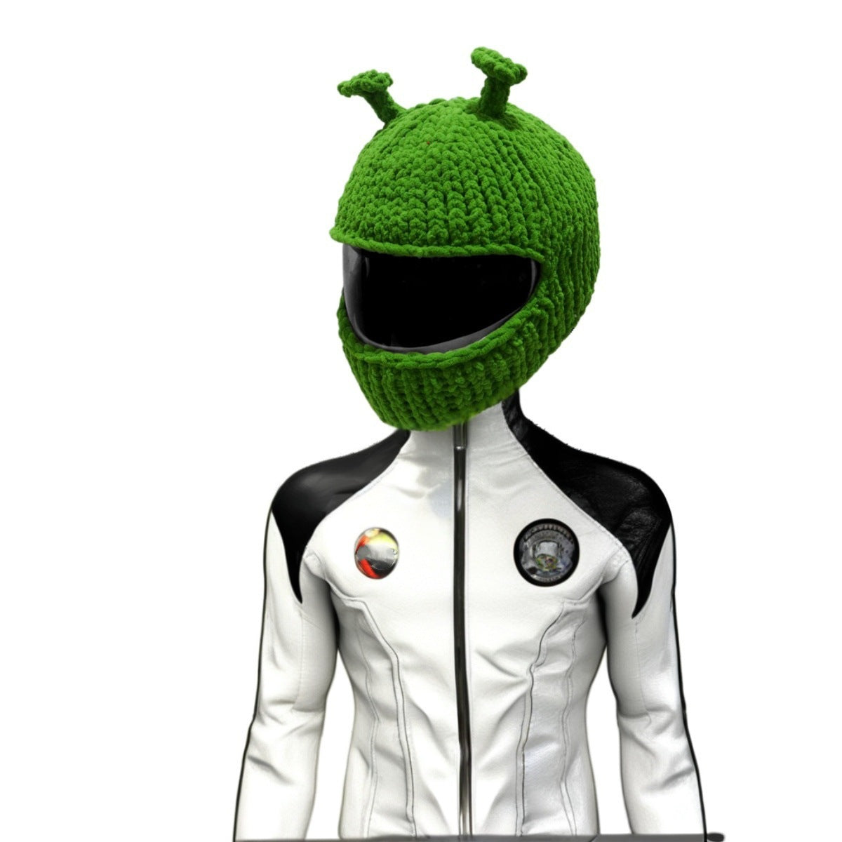 Handmade knitted little devil helmet cover by Bean's Moto Booth, designed as a fun helmet accessory with red devil horns.
