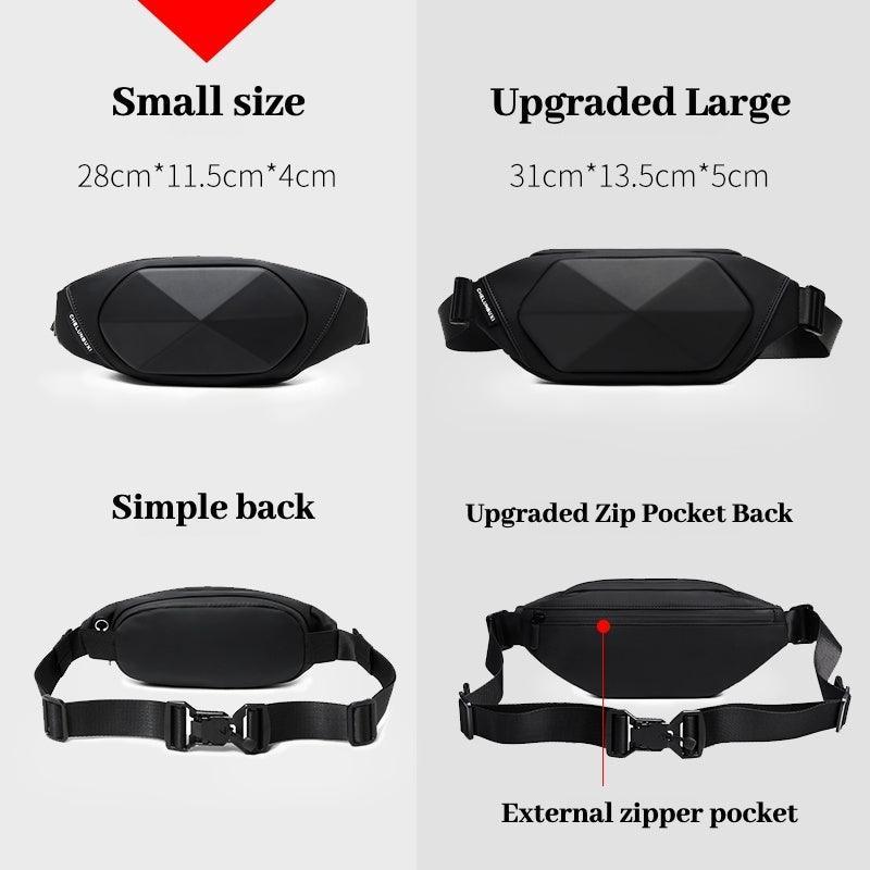 Black Knight motorcycle chest bag by Bean's Moto Booth, durable black leather motorcycle bag with adjustable straps and multiple compartments.