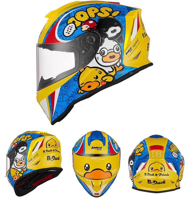Children's motorcycle helmet by Bean's Moto Booth featuring colorful graphics and a secure chin strap for safety.