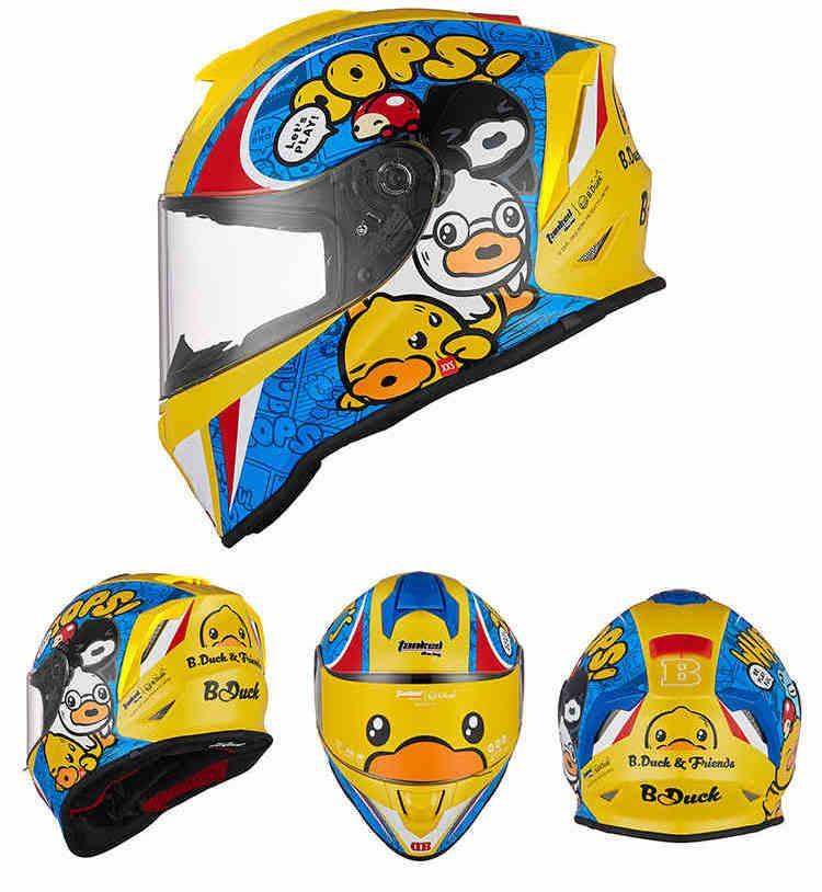 Child wearing a TANKED RACING™ motorcycle helmet by Bean's Moto Booth, featuring bright colors and a sleek design.