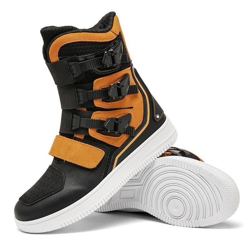 Black 4 Seasons™-StormRider high-top motorcycle riding shoes by Bean's Moto Booth with durable leather and reinforced ankle support.