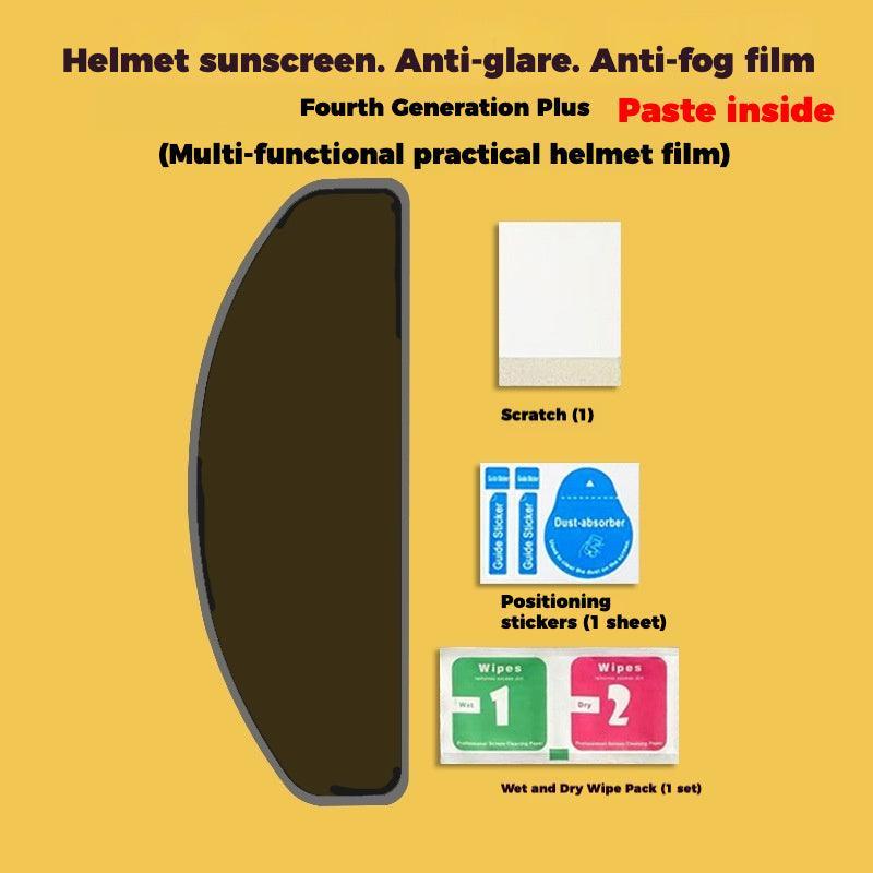 Motorcycle helmet anti-rain, anti-fog, anti-glare film by Bean's Moto Booth applied to helmet visor for clear visibility.