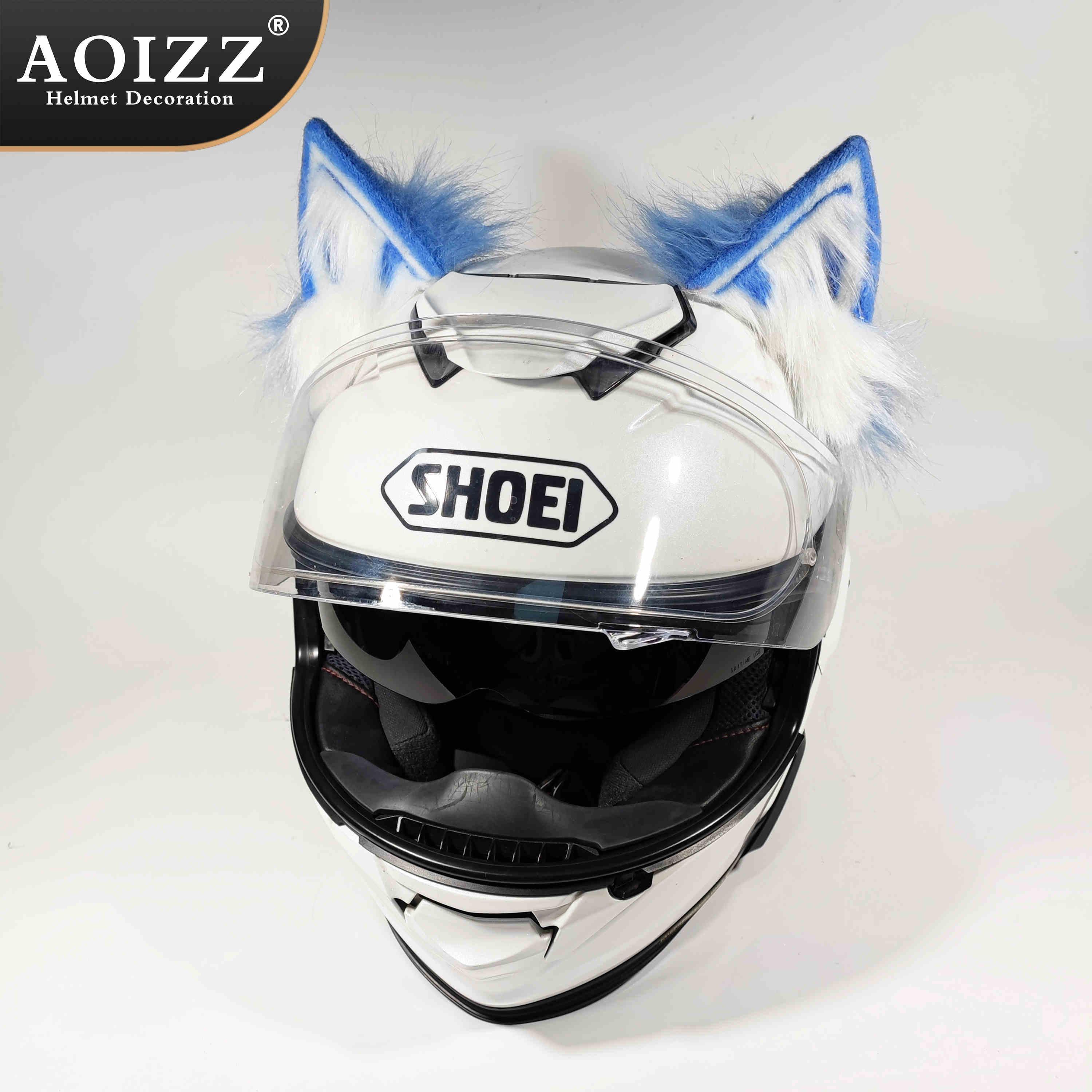 Handmade AOIZZ™ cat ear helmet decoration by Bean's Moto Booth, crafted for stylish motorcycle helmet decor.