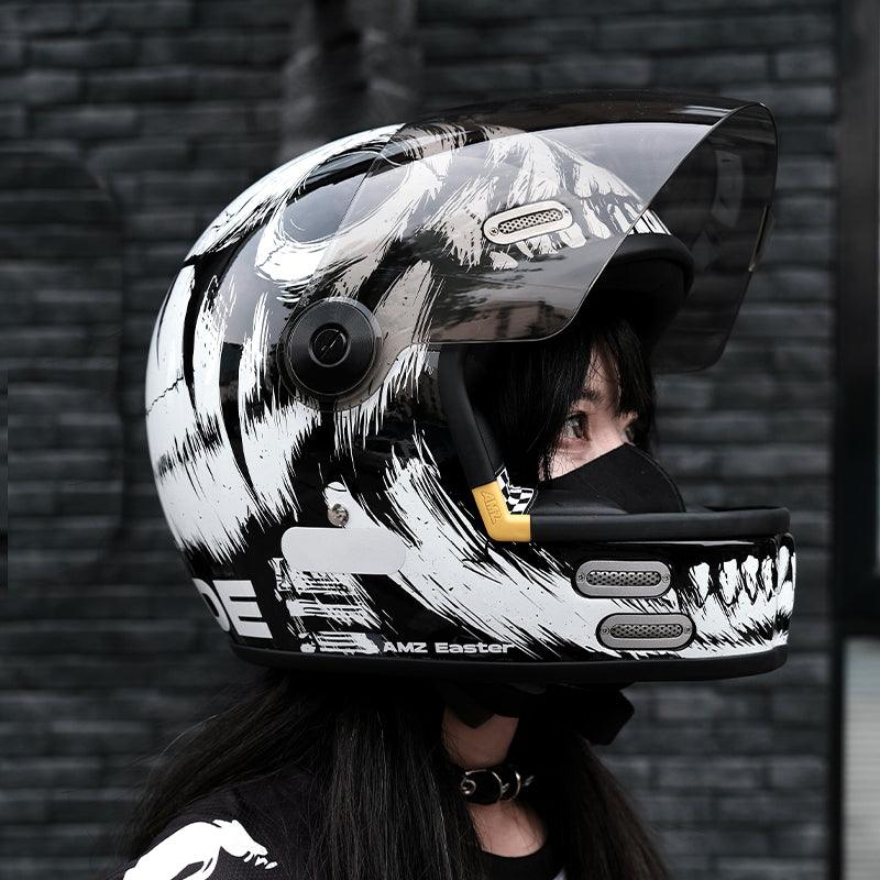 Bean's Moto Booth AMZ™ Demon Eye Retro Cruiser Helmet with bold demon eye design and vintage style for motorcycle riding.