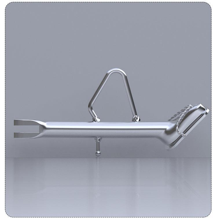 Stainless steel flip-flop motorcycle kickstand by Bean's Moto Booth, sturdy motorcycle mod for enhanced stability and style.