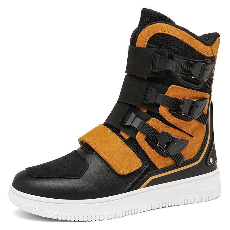 Bean's Moto Booth 4 Seasons StormRider high-top motorcycle riding shoes with reinforced soles and ankle support.