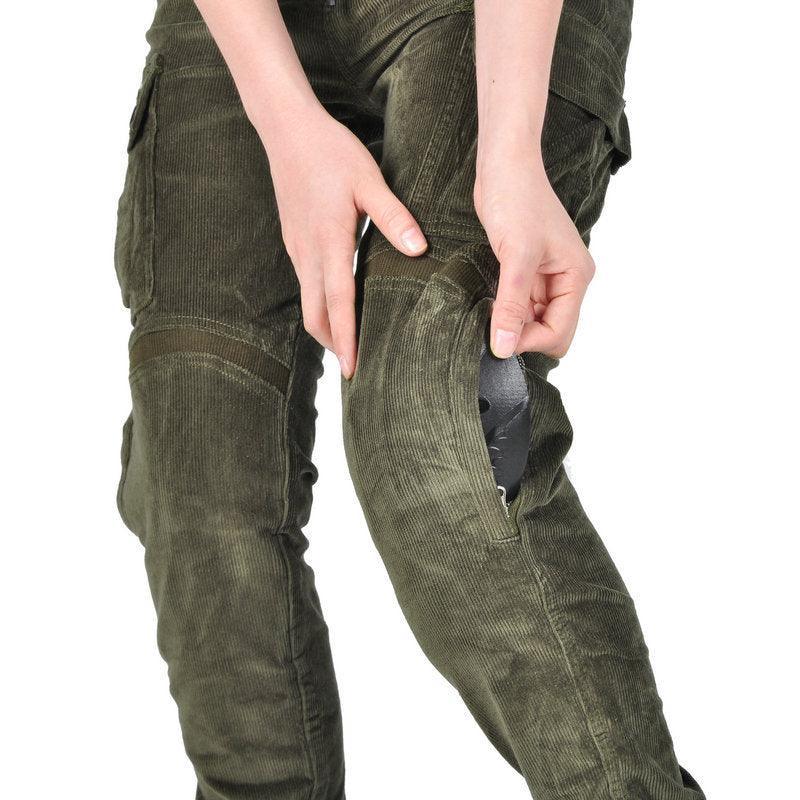 Women’s LOONG BIKER™ Kevlar Corduroy Motorcycle Pants by Bean’s Moto Booth, featuring durable Kevlar reinforcements and stylish corduroy fabric.