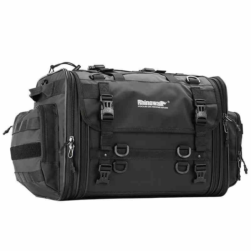 Rhinowalk™ motorcycle touring tail bag by Bean's Moto Booth, shown attached to a motorcycle for touring storage.