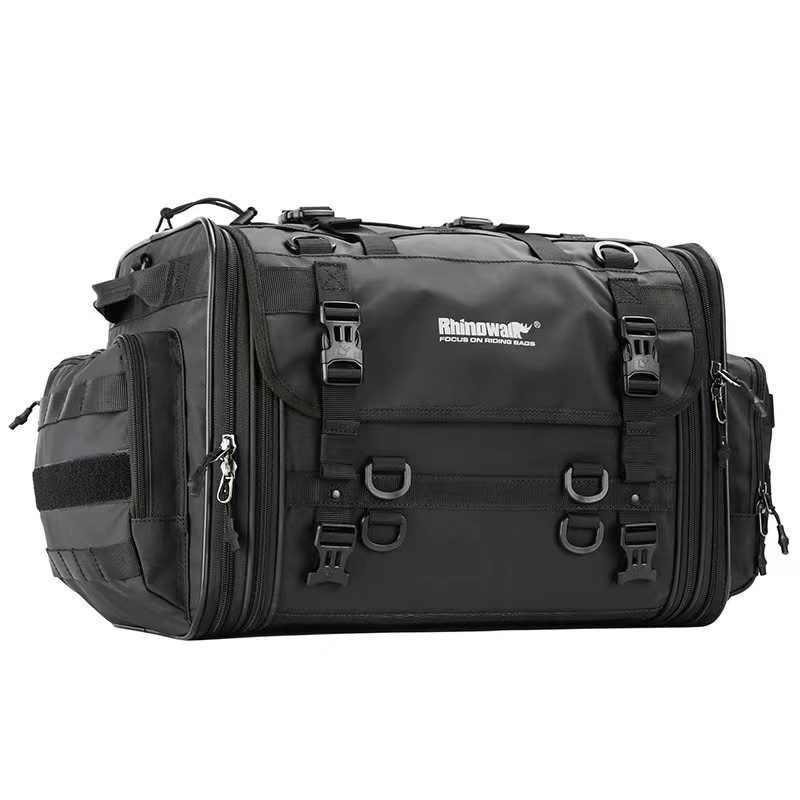 Rhinowalk™ motorcycle touring tail bag by Bean's Moto Booth attached to a motorcycle, showing its durable design and spacious storage.