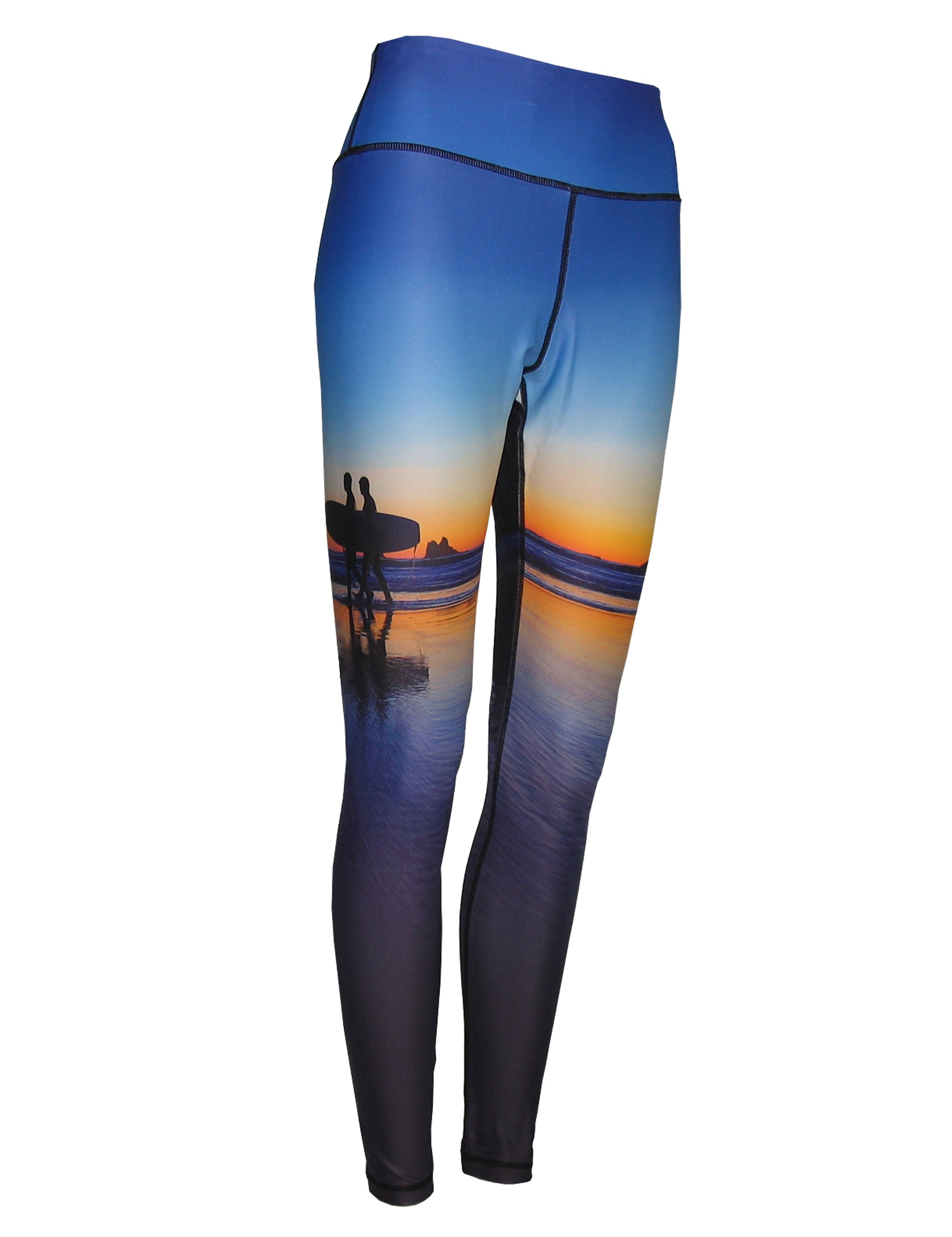All sport leggings with ocean print pattern featuring two surfers, designed for active wear by Cognito Brands Inc.