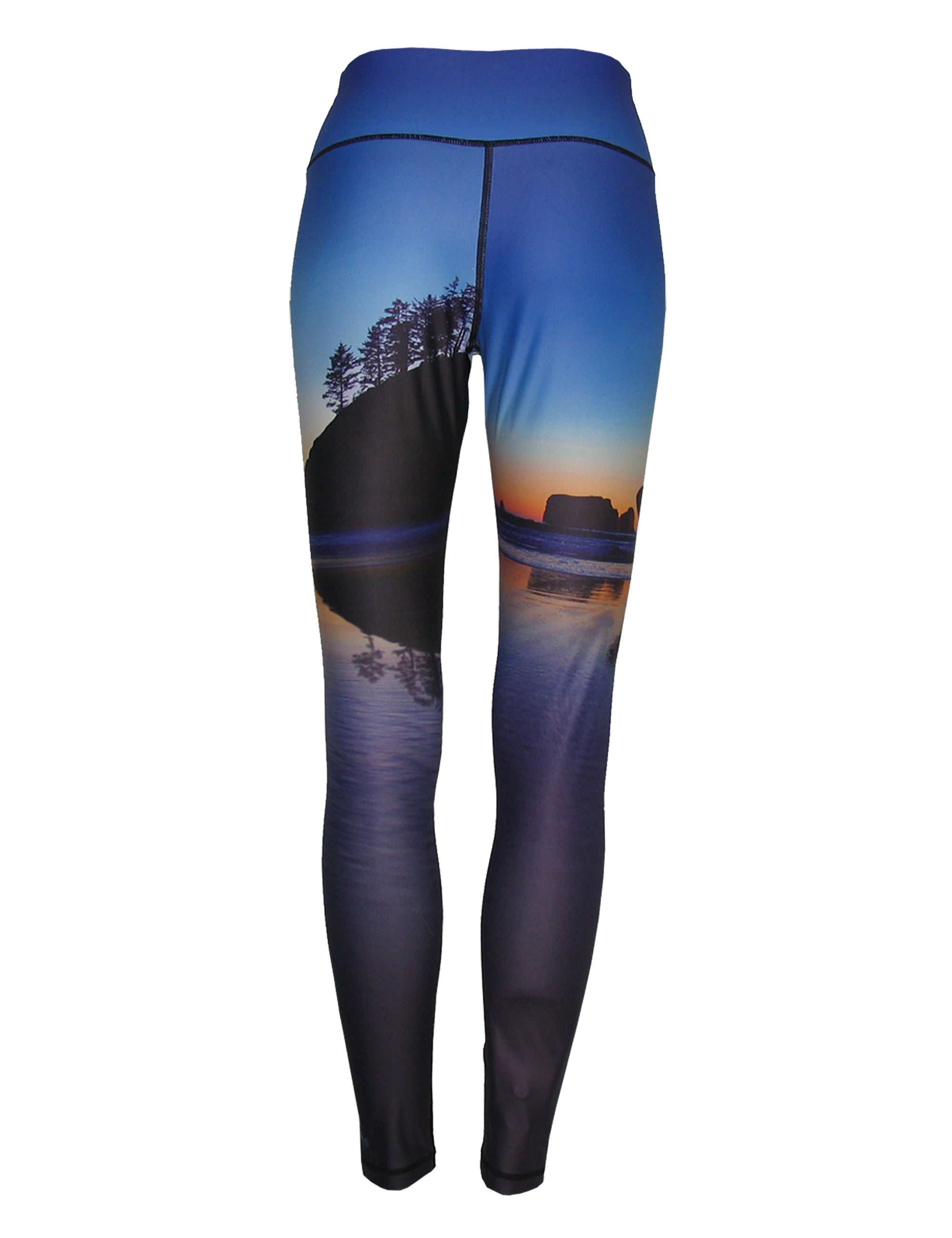 Two surfers ocean print patterned all sport leggings by Cognito Brands, Inc., featuring vibrant aquatic-themed design.