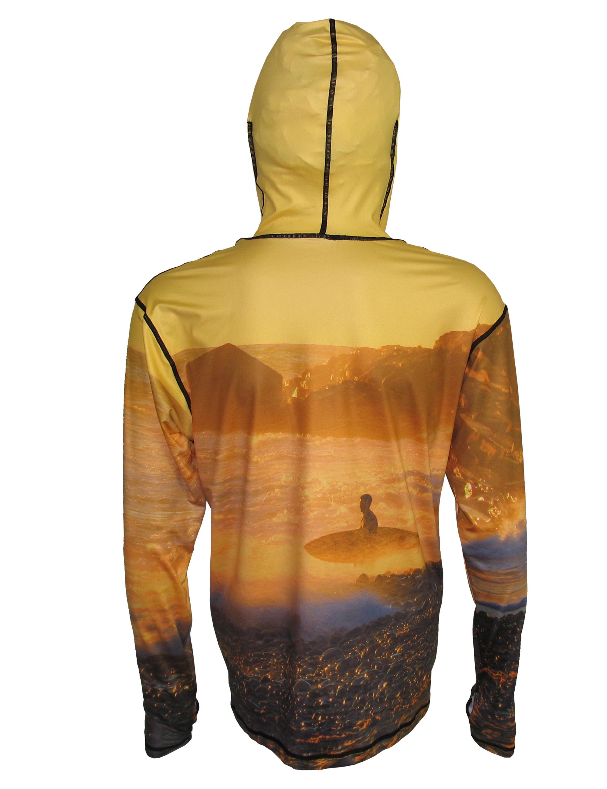 Golden Surfer lightweight ocean graphic hoodie by Sunpro Hoodies from Cognito Brands, Inc., featuring a surfer and ocean design on the back.