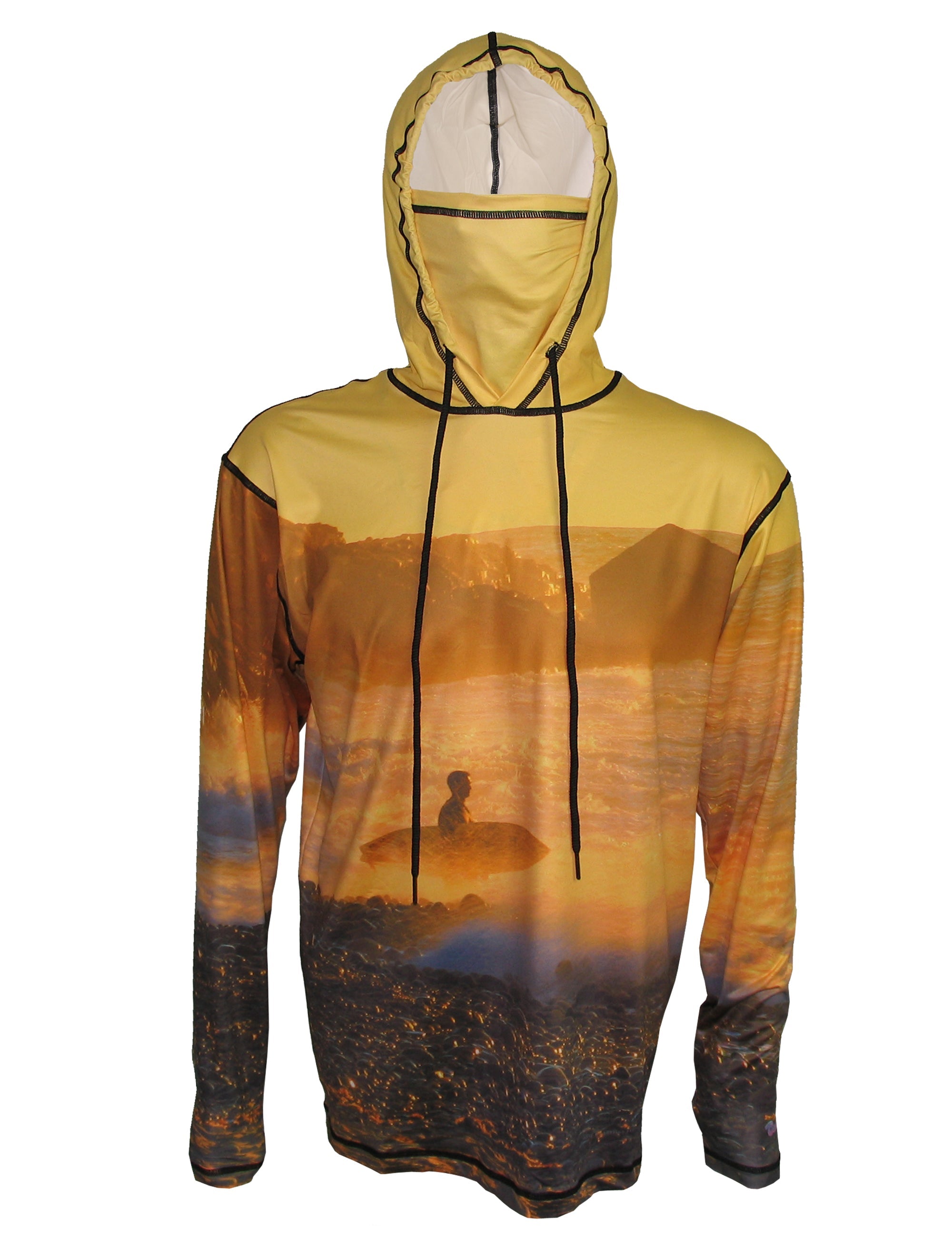 Golden Surfer Sunpro hoodie with ocean graphic, featuring a front view of the lightweight hoodie by Cognito Brands.