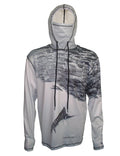 Cognito Brands Sunpro hoodie with striped marlin ocean graphic on front, lightweight, casual apparel for ocean-inspired style.