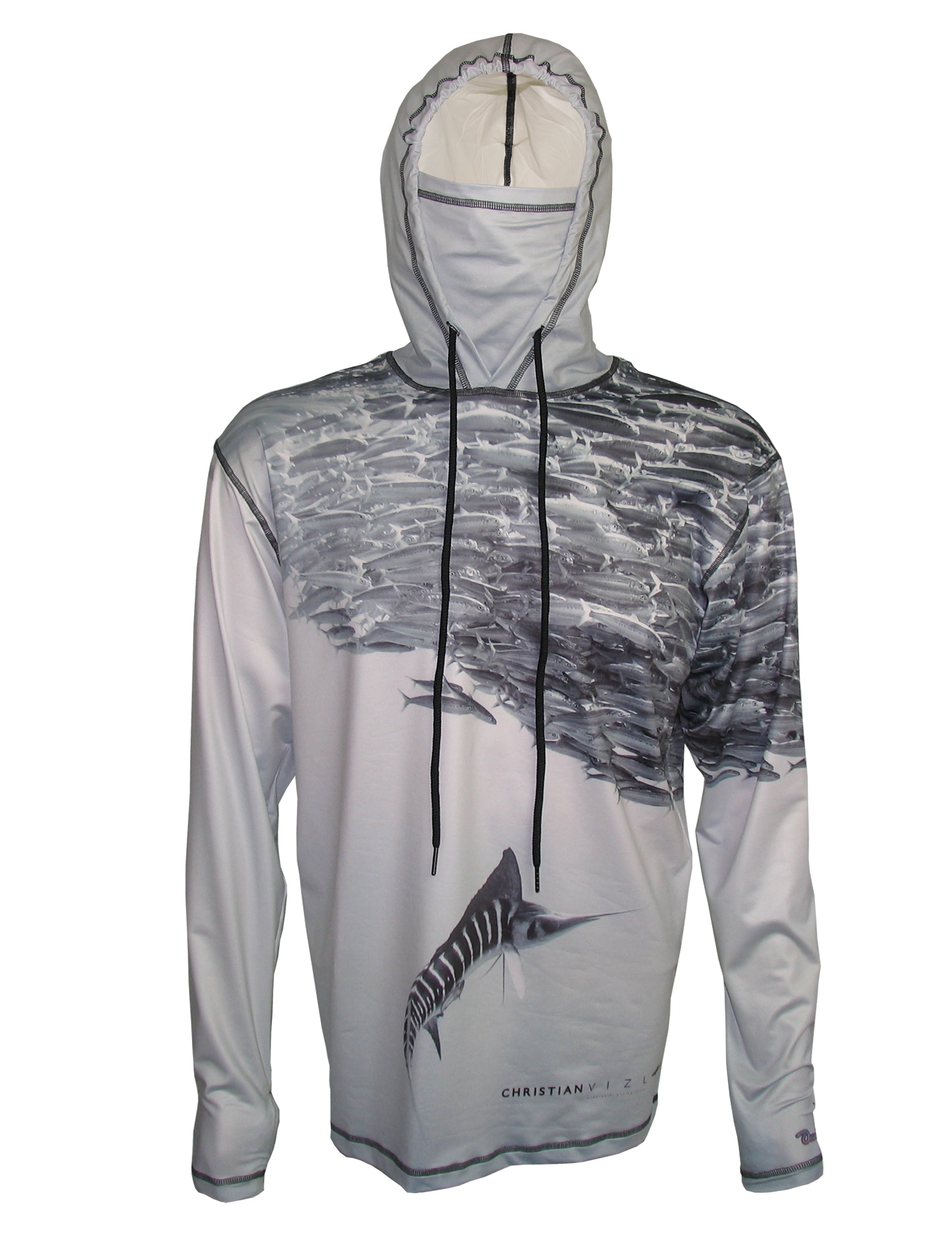 Cognito Brands Sunpro hoodie with striped marlin ocean graphic on front, lightweight, casual apparel for ocean-inspired style.
