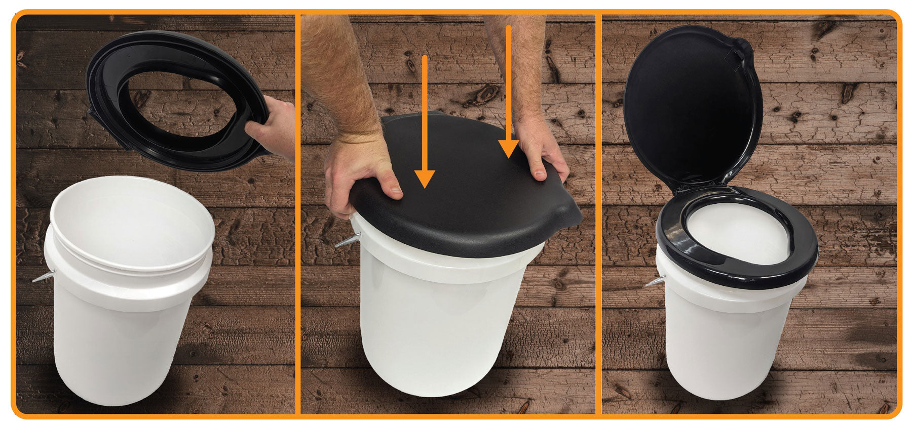5-gallon toilet seat bucket lid from QuakeKits for hygiene, shown on a sturdy plastic bucket with a secure fit.
