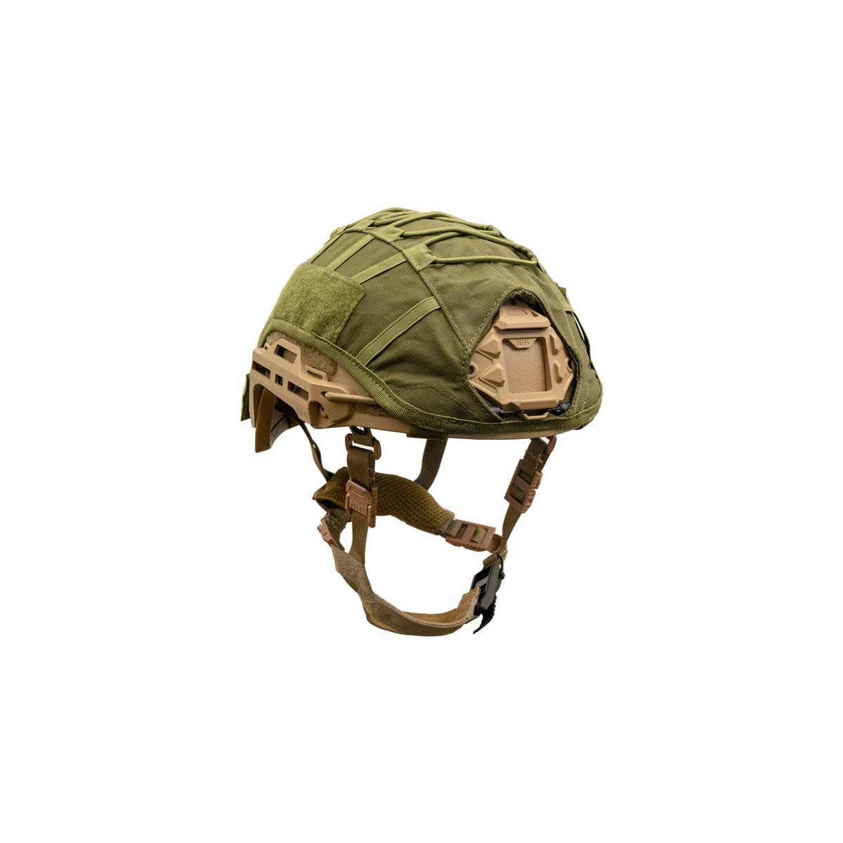 Hard Head Veterans HHV ATE® ballistic helmet cover in OD green, designed to fit military-style helmets with adjustable straps.