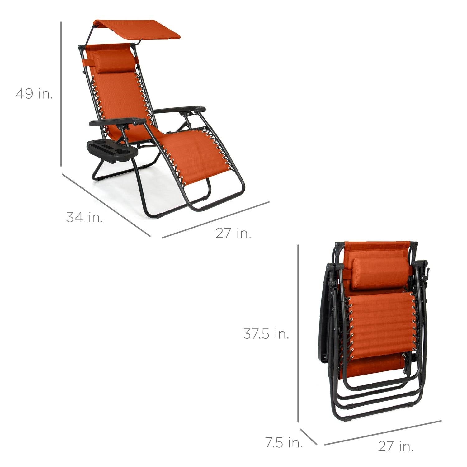 Orange Zero Gravity folding patio lounge chair with canopy sun shade by HomePacific, outdoor furniture for relaxing outdoors.