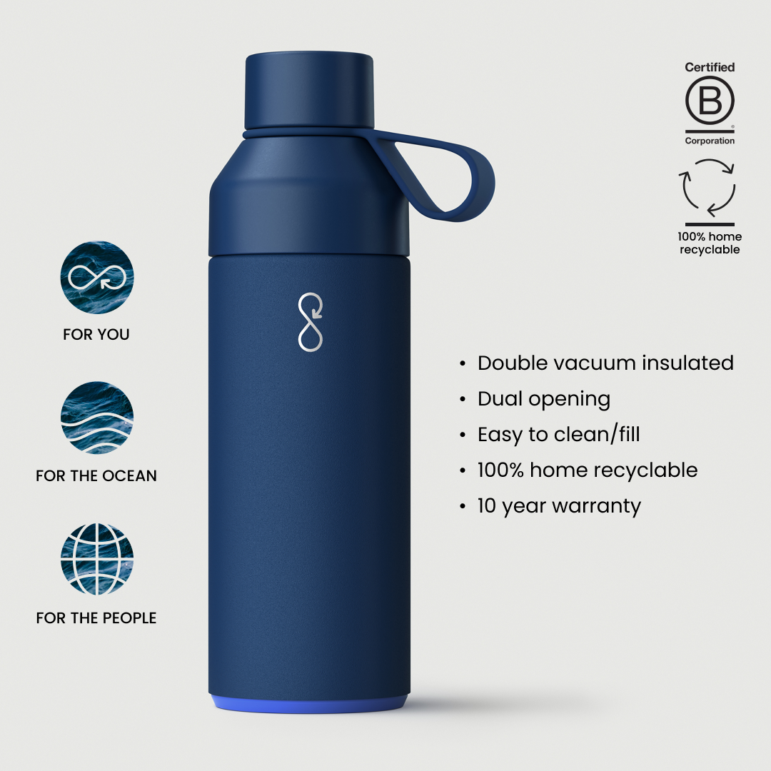 Cor Surf Ocean Bottle insulated water bottle in ocean blue, 17 oz or 34 oz, designed to keep drinks hot or cold.