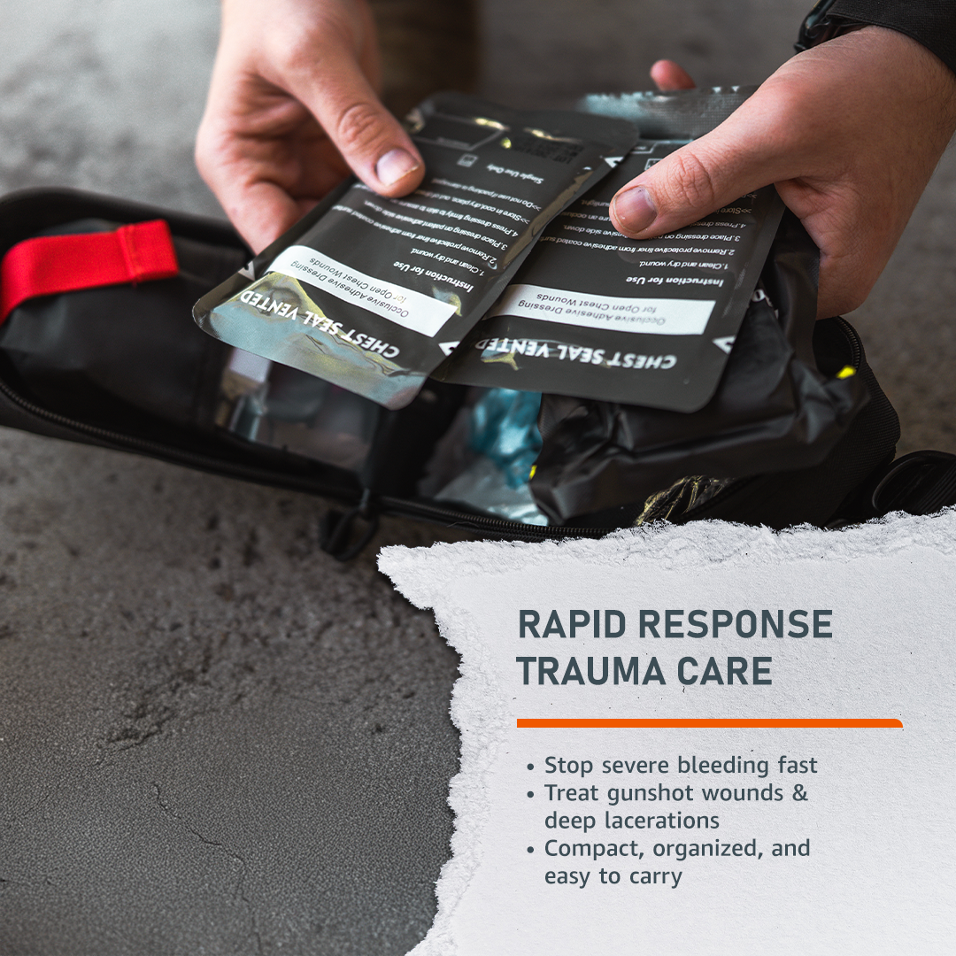 On-Hand First Aid Kit by Emerge Survival, displayed with contents including bandages, antiseptic wipes, and scissors.