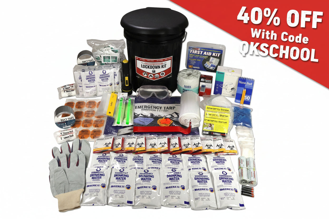 Emergency classroom lockdown kit for 25 students with safety gear and supplies, designed for school emergency preparedness.