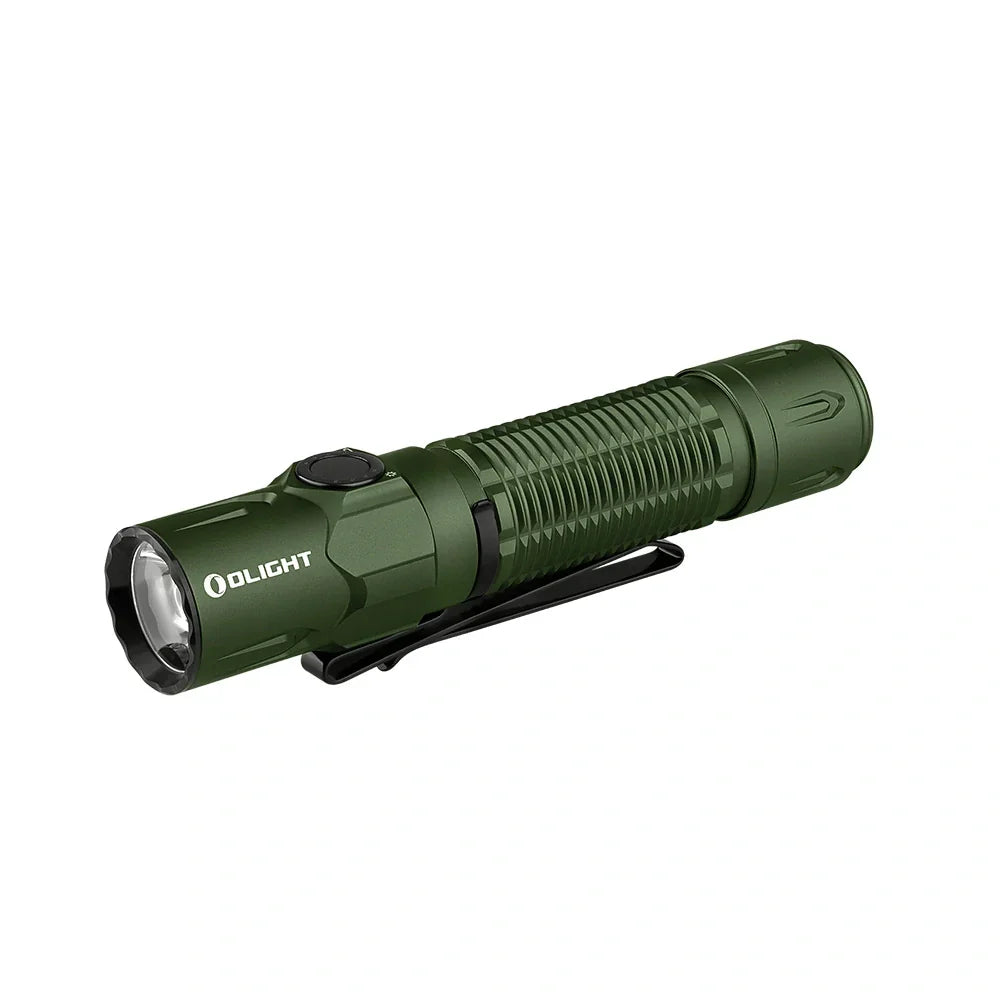 OLIGHT Warrior 3S high beam tactical flashlight in OD green, rugged design with textured grip and adjustable focus.