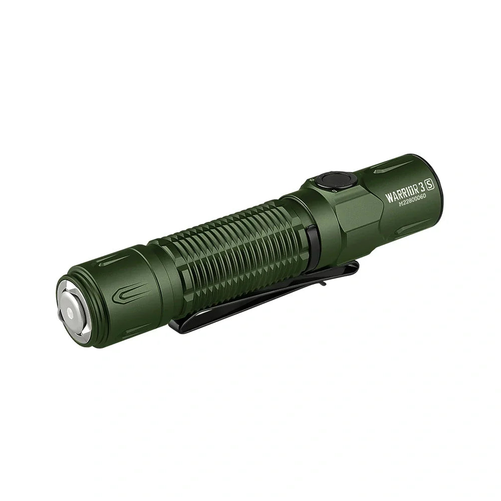 OLIGHT Warrior 3S high beam tactical flashlight in OD green with textured grip and adjustable focus, suitable for outdoor and tactical use.