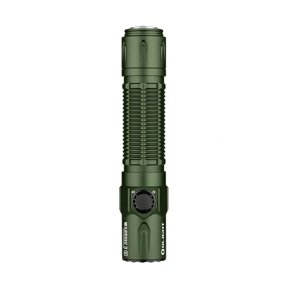 OLIGHT Warrior 3S high beam tactical flashlight in OD green with textured grip and adjustable focus, designed for outdoor and tactical use.