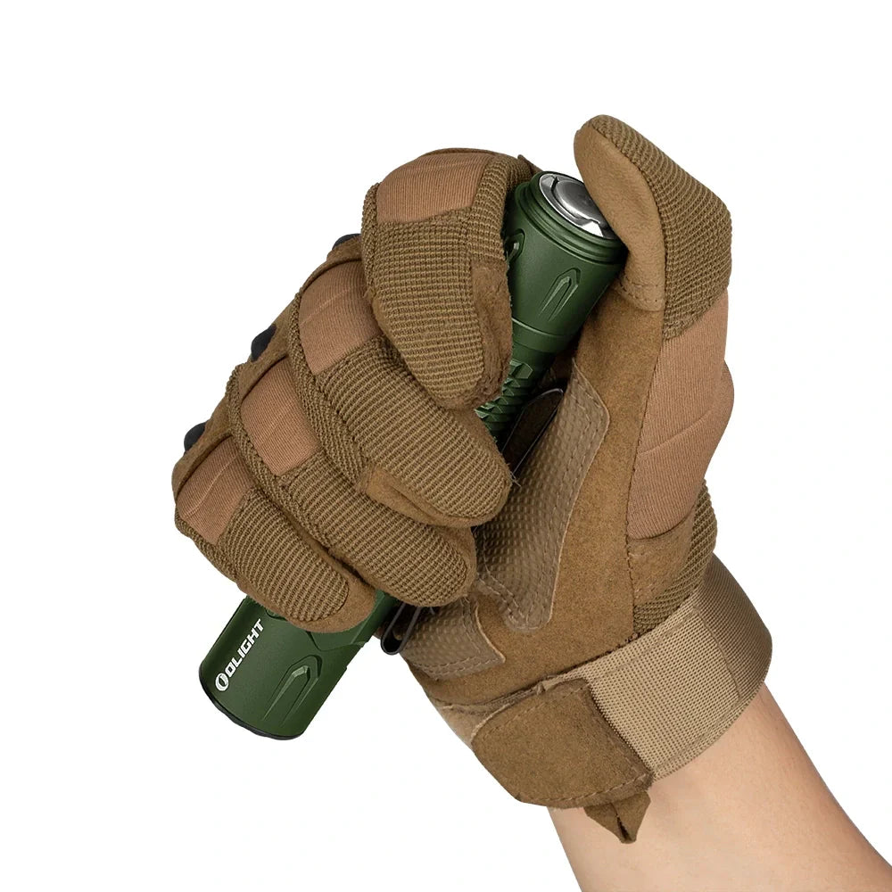 OLIGHT Warrior 3S high beam tactical flashlight in OD green with textured grip and adjustable focus, designed for outdoor and tactical use.
