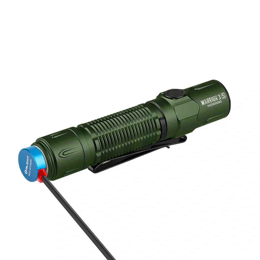 OLIGHT Warrior 3S high beam tactical flashlight in OD green with textured grip and LED lens, designed for outdoor and tactical use.