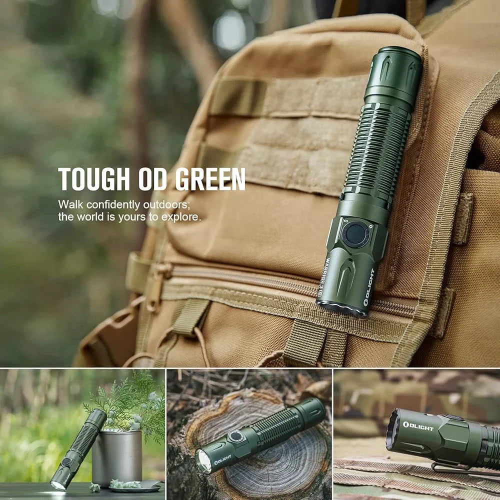 OLIGHT Warrior 3S high beam tactical flashlight in OD green with textured grip and adjustable focus, designed for outdoor and tactical use.