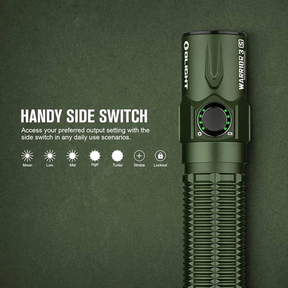 OLIGHT Warrior 3S high beam tactical flashlight in OD green, compact with textured grip and LED lens for outdoor or tactical use.