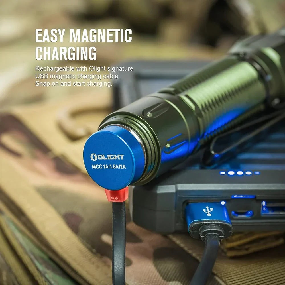 OLIGHT Warrior 3S high beam tactical flashlight in OD green with textured grip and adjustable focus, designed for rugged outdoor use.