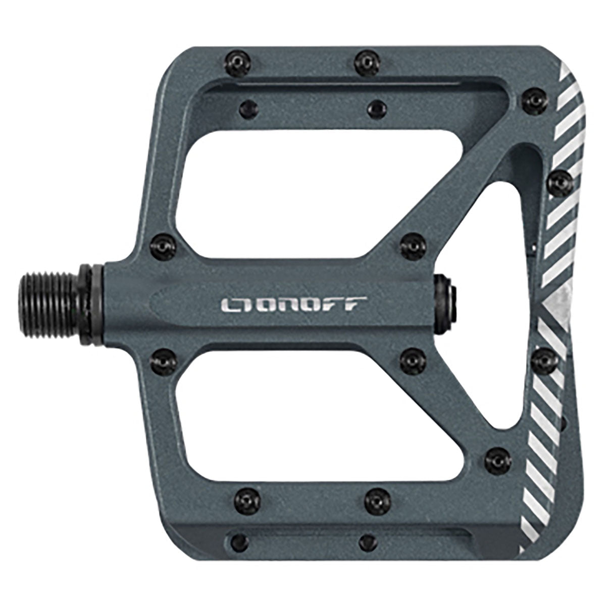 ZEITBIKE ONOFF Shield V2 MTB pedals in anthracite with fuchsia and blue accents, showing the textured pedal surface and branding.