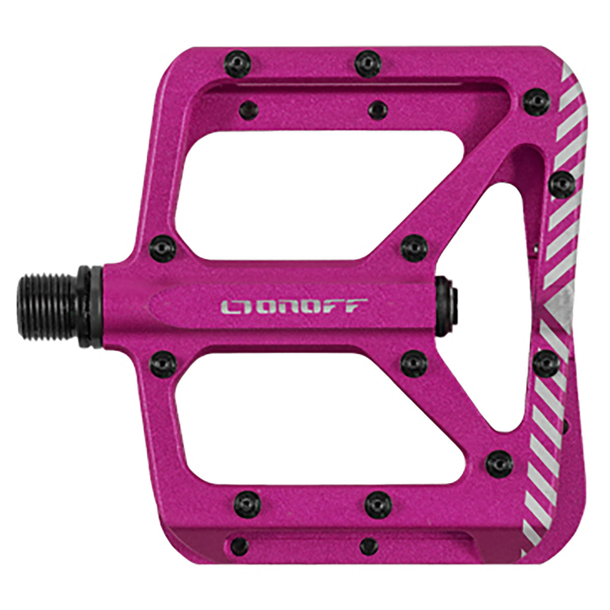 ZEITBIKE ONOFF SHIELD V2 MTB pedals in anthracite, fuchsia, and blue with textured grip surfaces for mountain biking.