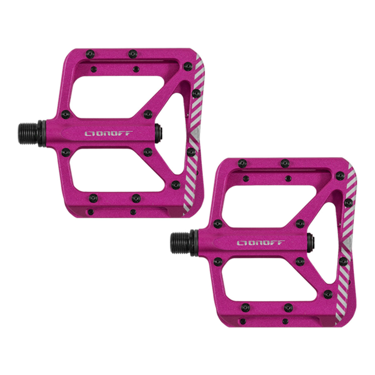 ZEITBIKE ONOFF Shield V2 MTB pedals in anthracite, fuchsia, and blue, showing the durable pedal design with colorful accents.