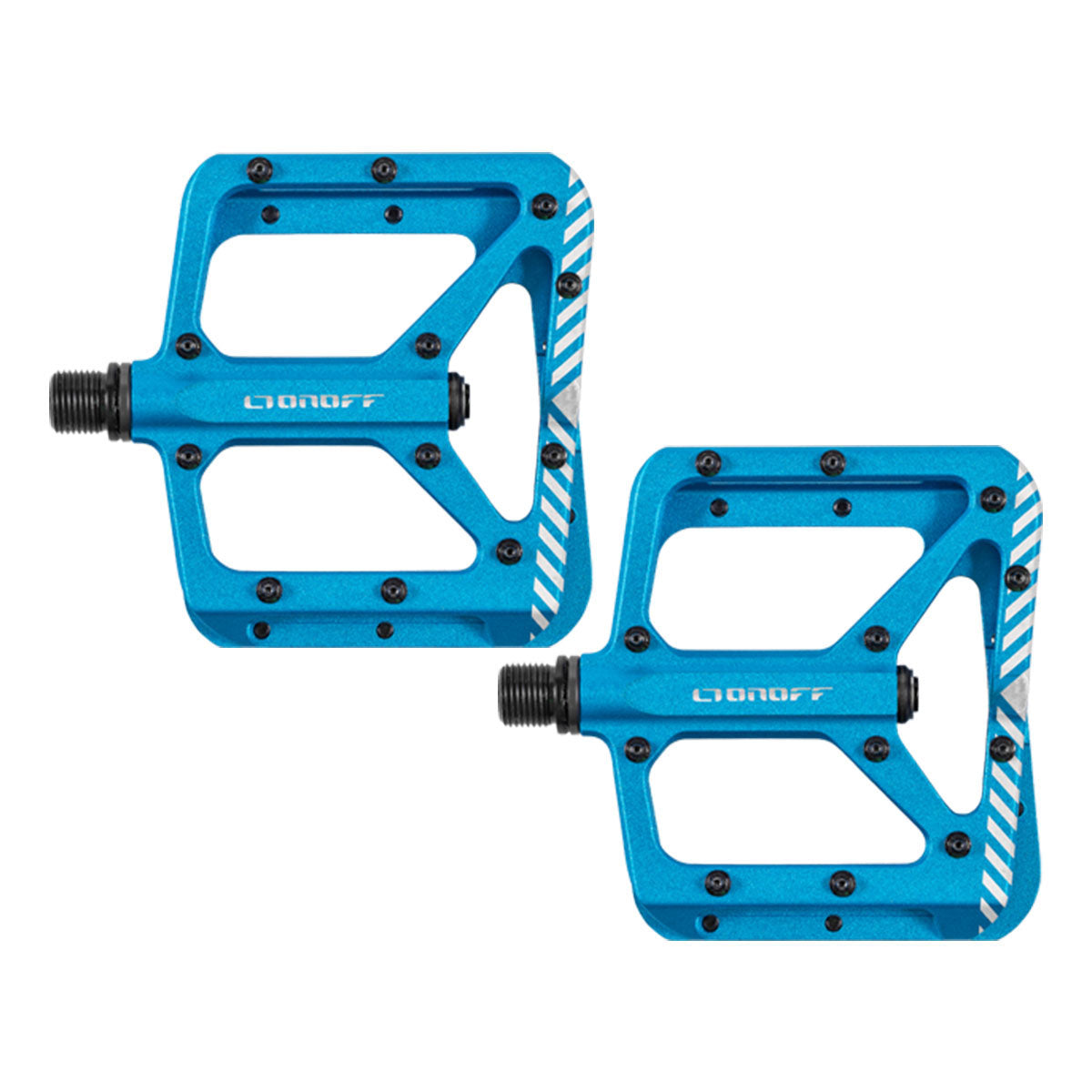 Pair of ZEITBIKE ONOFF SHIELD V2 MTB pedals in anthracite, fuchsia, and blue with textured metal surfaces for mountain biking.