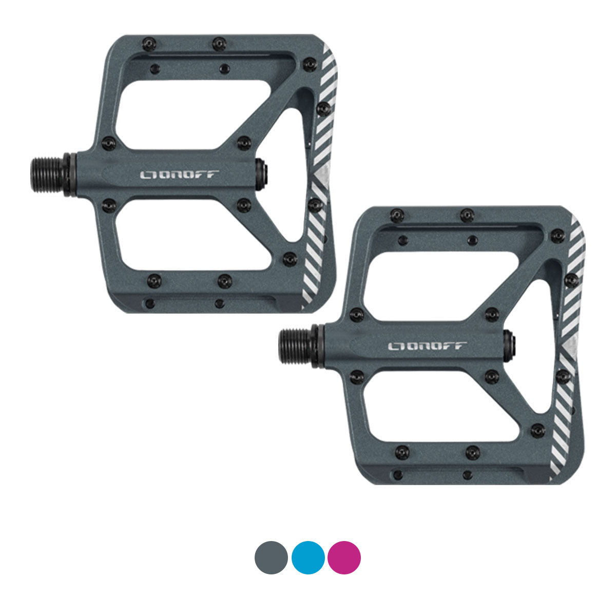 Pair of ZEITBIKE ONOFF SHIELD V2 MTB pedals in anthracite, fuchsia, and blue with textured grip surfaces and metal clip-ins.