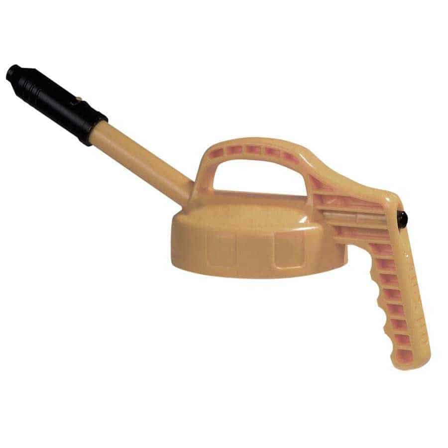 OilSafe Stretch Spout transfer container lid by DRIVEN Racing Shop, controlled-flow oil transfer lid with flexible spout for precise pouring.